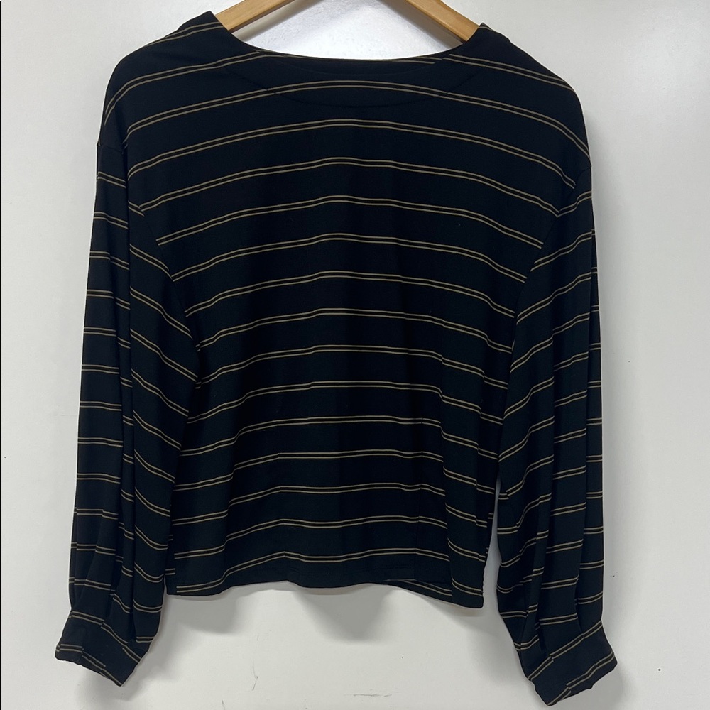 Prologue Long Sleeve Tshirt, Striped, Black/Tan, XS, Balloon Sleeve